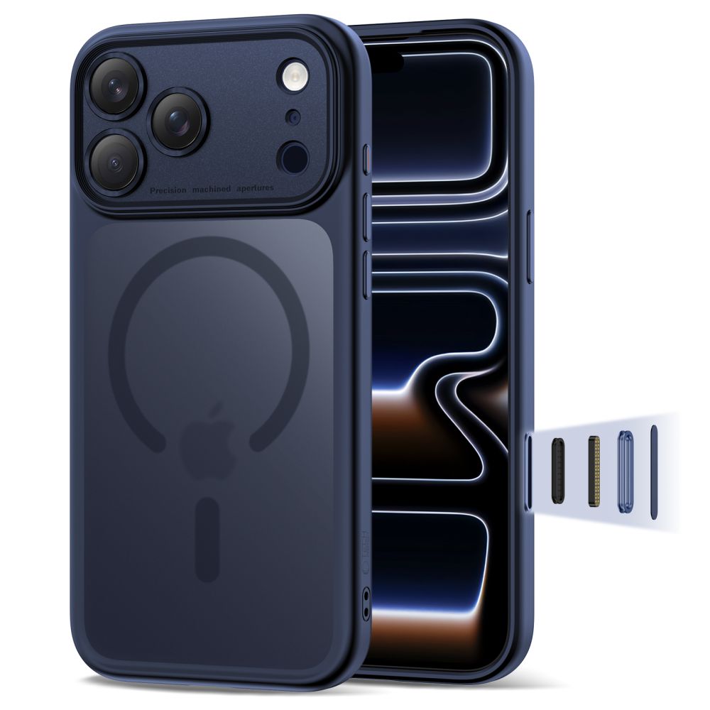 Tamsiai mėlynas dėklas Apple Iphone 17 Pro Max Tech-Protect Magpeak Magsafe CC Tamsiai mėlynas dėklas Apple Iphone 17 Pro Max Tech-Protect Magpeak Magsafe CC su matiniu paviršiumi ir magnetų žiedu