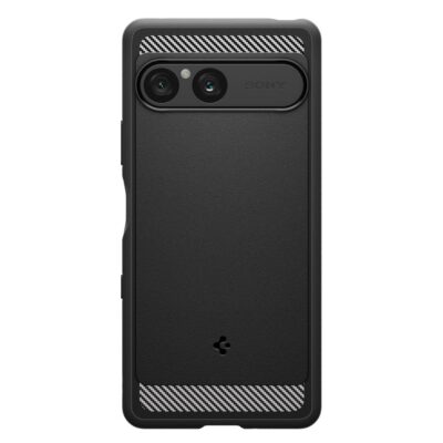Juodas matinis dėklas Sony Xperia 10 VII Spigen Rugged Armor telefono galinė pusė