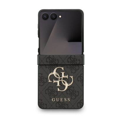 Pilkas originalus deklas Guess PU 4G Metal Logo telefonui Samsung Galaxy Z Flip 7 su metalo logotipu