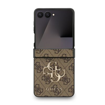Rudas originalus dėklas Guess PU 4G Metal Logo telefonui Samsung Galaxy Z Flip 7 su logotipu