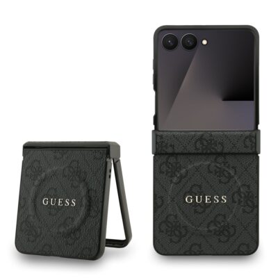 Juodas dėklas Guess PU Leather 4G Colored Ring MagSafe telefonui Samsung Galaxy Z Flip 7 su tekstūru ir logotipu