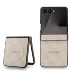 Rausvas dėklas Guess PU Leather 4G Colored Ring MagSafe telefonui Samsung Galaxy Z Flip 7 su raštu ir logotipu