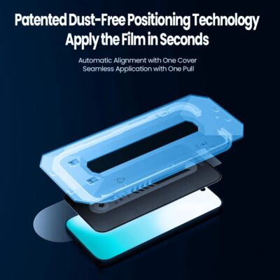 Juodas apsauginis ekrano stikliukas Apple iPhone Air su mėlynu laikikliu dulkių apsaugai ir tiksliam uždėjimui