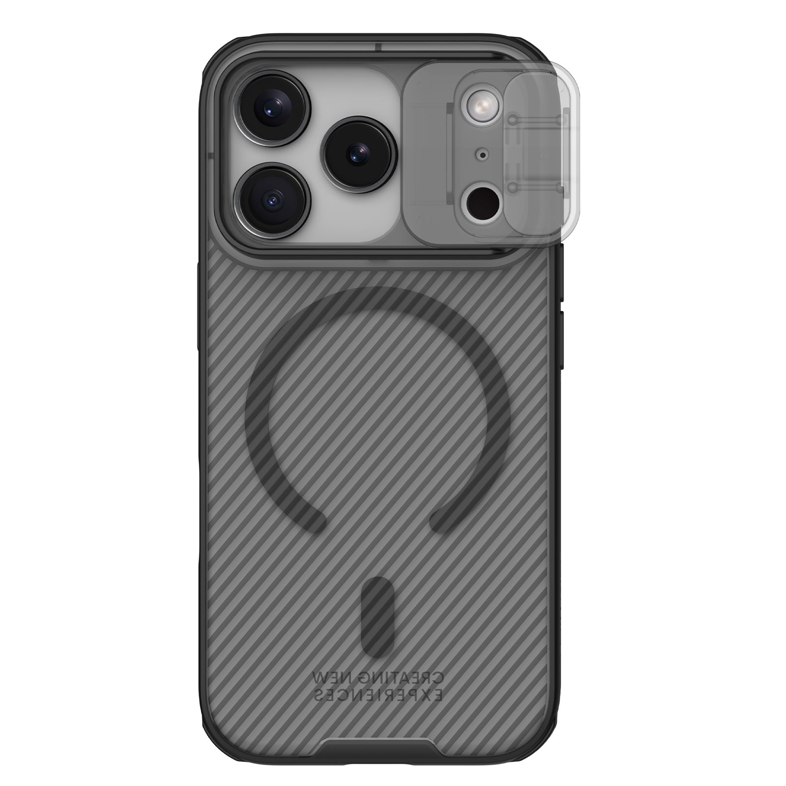 Juodas-skaidrus dėklas Nillkin CamShield PRO Magnetic Juodas-skaidrus dėklas Nillkin CamShield PRO Magnetic telefonui Apple iPhone 17 Pro su matomu magnetiniu žiedu ir apsauga foto kamerai
