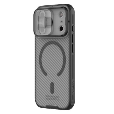 Juodas-skaidrus dėklas Nillkin CamShield PRO Magnetic telefonui Apple iPhone 17 Pro perkeltas ant telefono