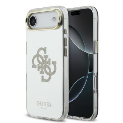Auksinis dėklas Guess PC TPU Mirror 4G Glitter Logo MagSafe Apple iPhone Air telefonui baltos ir skaidrios spalvos su blizgiu logotipu