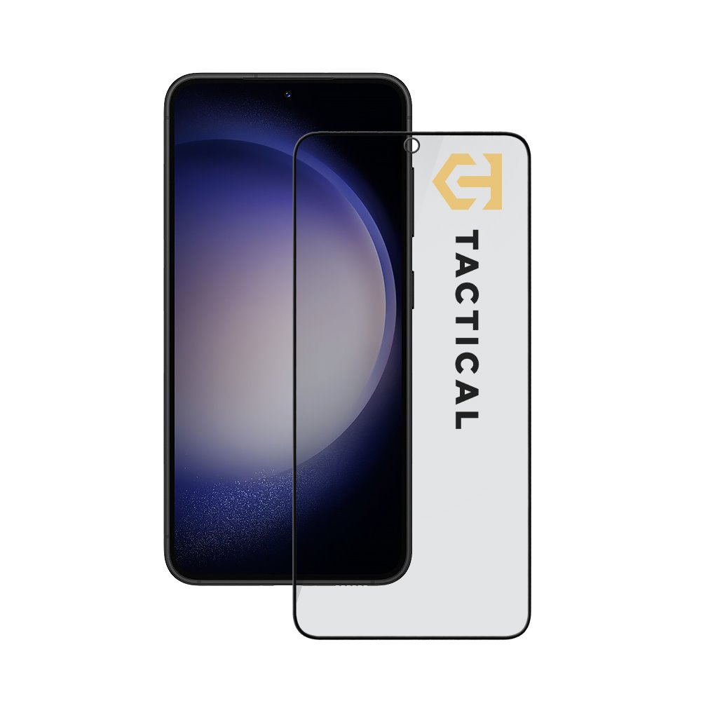 Juodas apsauginis ekrano stikliukas Samsung Galaxy S23 Tactical Glass Shield Juodas apsauginis ekrano stikliukas Samsung Galaxy S23 Tactical Glass Shield Privacy Stealth 5D prieš baltą foną