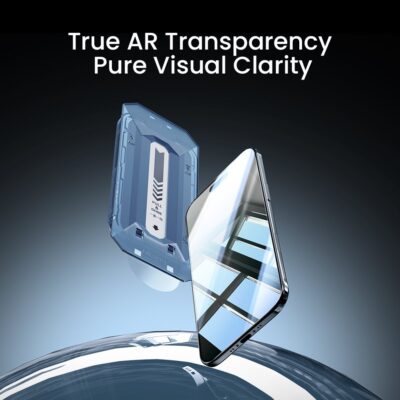 Apsauginis ekrano stikliukas su aplikatoriumi telefonui Apple iPhone Air „Nillkin Tempered Glass 0.2mm H+ PRO 2.5D Anti-reflective“ mėlynos spalvos aplikatorius ir stikliukas