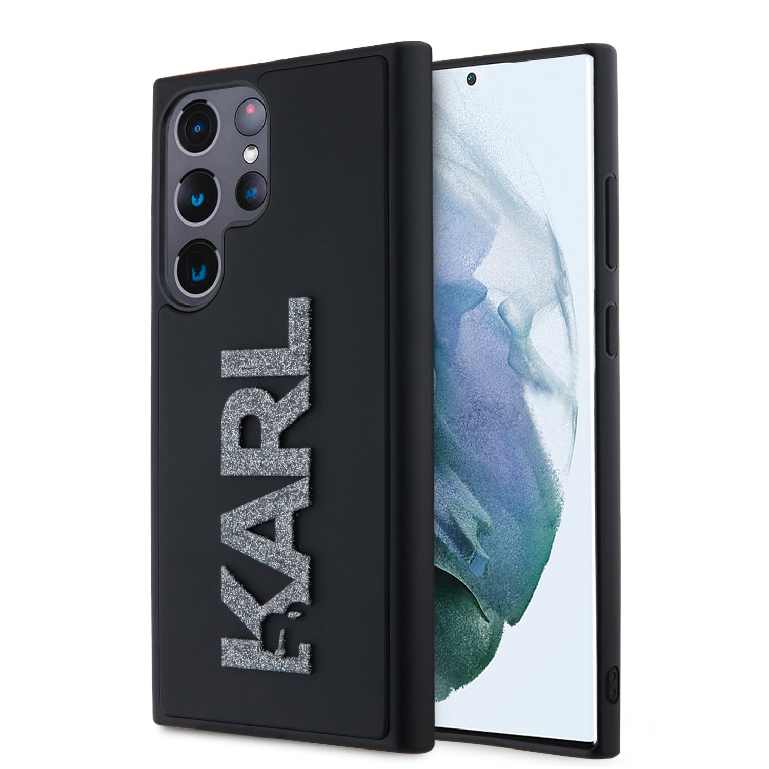 Juodas dėklas Karl Lagerfeld 3D Rubber Glitter Samsung Galaxy S24 Ultra Juodas dėklas Karl Lagerfeld 3D Rubber Glitter Logo Karl telefonui Samsung Galaxy S24 Ultra su blizgiančiu sidabro spalvos logotipu