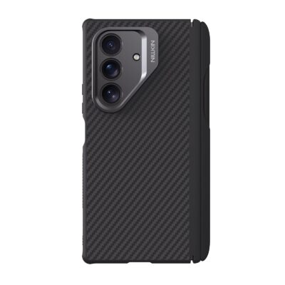 Juodas dėklas Nillkin CarboProp Aramid Magnetic Pen Slot telefonui Samsung Galaxy Z Fold 7 su tekstūruota anglies pluošto paviršiaus dalimi