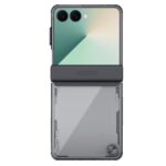 Juodas dėklas Samsung Galaxy Z Flip 7 su permatomu pagrindu ir matinio juodo viršutinio dalies dangteliu