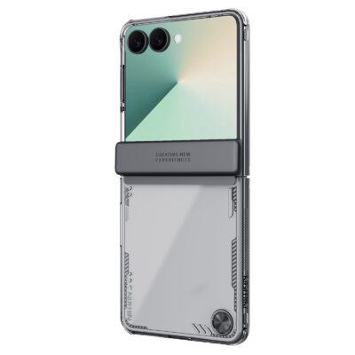 Juodas dėklas Samsung Galaxy Z Flip 7 Nillkin Iceblade su permatoma dalimi ir apsauga kameros moduliui