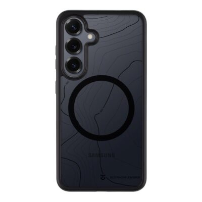 Asphalt dėklas Samsung Galaxy S25 juodos spalvos su ryškiu apskritimu ir žemėlapio linijomis