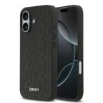 Juodas dėklas telefonui Apple Iphone 17 su DKNY PU odos raštu ir Magsafe palaikymu