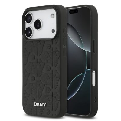 Juodas dėklas telefonui Apple Iphone 17 Pro DKNY PU Leather Grid Pattern su reljefiniu raštu