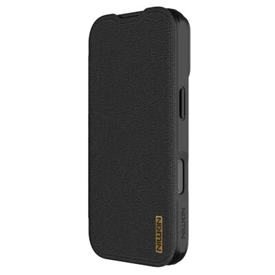 juodas atverciamas deklas apple iphone 17 nillkin qin pro book su teksturisku pavirsiu