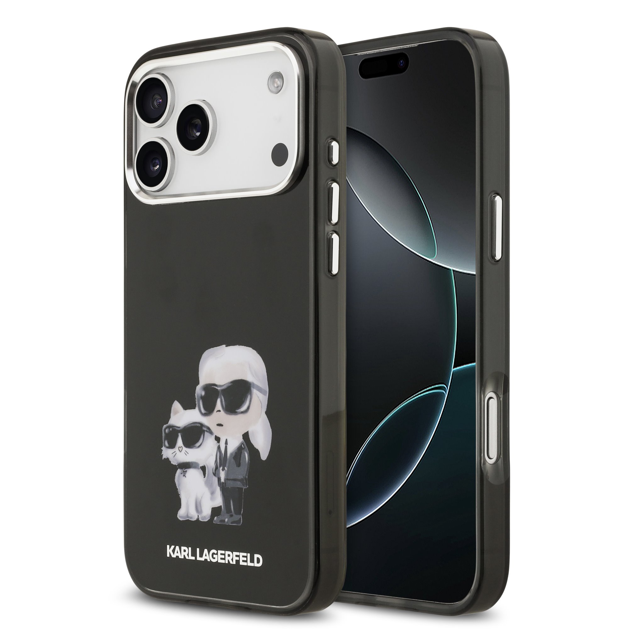 Juodas dėklas Apple Iphone 17 Pro Karl Lagerfeld Juodas dėklas telefonui Apple Iphone 17 Pro su Karl Lagerfeld ir Choupette piešiniu