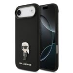Juodas dėklas Karl Lagerfeld Liquid Silicone Metal Ikonik telefonui Apple Iphone Air su logotipu ir ikona priekyje