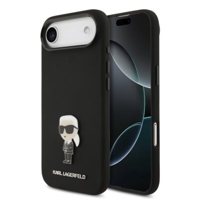 Juodas dėklas Karl Lagerfeld Liquid Silicone Metal Ikonik telefonui Apple Iphone Air su logotipu ir ikona priekyje