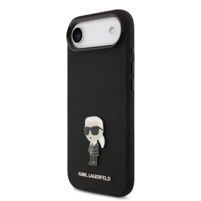 Juodas dėklas Karl Lagerfeld Liquid Silicone Metal Ikonik telefonui Apple iPhone Air su iškilusia ikonos figūra