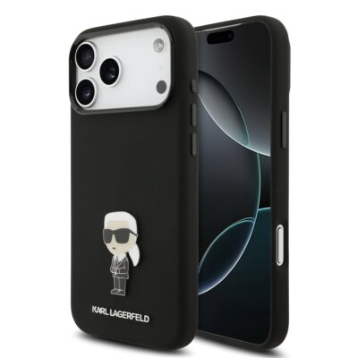 Juodas originalus dėklas Karl Lagerfeld Liquid Silicone Metal Ikonik telefonui Apple iPhone 17 Pro Max su minimalistiniu Karl Lagerfeld ikoniniu lipduku
