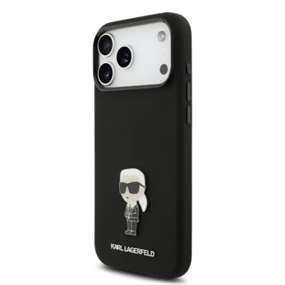 Juodas originalus dėklas Karl Lagerfeld Liquid Silicone Metal Ikonik telefonui Apple iPhone 17 Pro Max su metaline Karl Lagerfeld figura