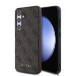 Rudas originalus dėklas Guess 4G telefonui Samsung Galaxy S24 FE su raštu ir auksiniu logotipu
