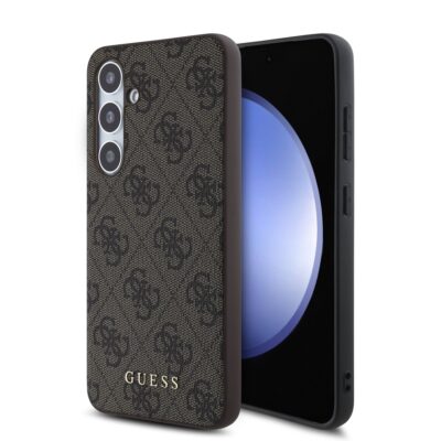 Rudas originalus dėklas Guess 4G telefonui Samsung Galaxy S24 FE su raštu ir auksiniu logotipu