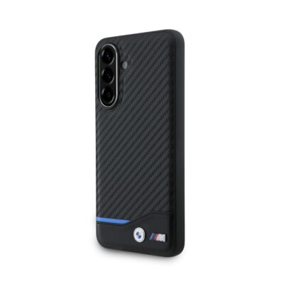 Juodas dėklas BMW M PU Carbon Blue Line telefonui Samsung Galaxy A56 su anglies pluošto raštu