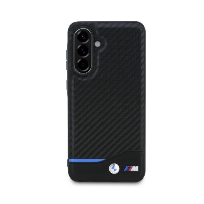 Juodas dėklas BMW M PU Carbon Blue Line telefonui Samsung Galaxy A56 su anglies pluošto tekstūra ir mėlyna linija