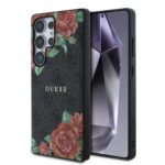 Juodas deklas Guess PU Leather 4G Flowers Print Metal Classic Logo MagSafe telefonui Samsung Galaxy S25 Ultra su rozejomis
