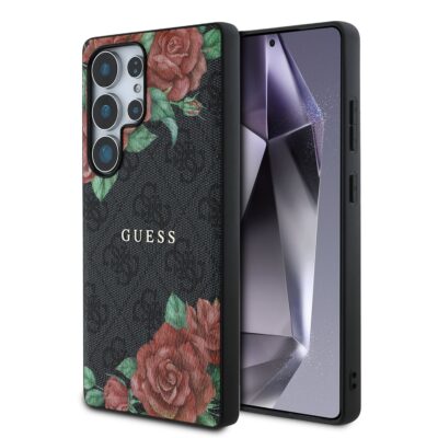 Juodas deklas Guess PU Leather 4G Flowers Print Metal Classic Logo MagSafe telefonui Samsung Galaxy S25 Ultra su rozejomis
