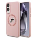 Rausvas Karl Lagerfeld Liquid Silicone Double Heads MagSafe dėklas Samsung Galaxy S25 Edge telefonui