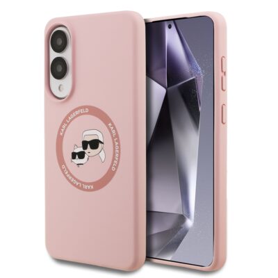 Rausvas Karl Lagerfeld Liquid Silicone Double Heads MagSafe dėklas Samsung Galaxy S25 Edge telefonui