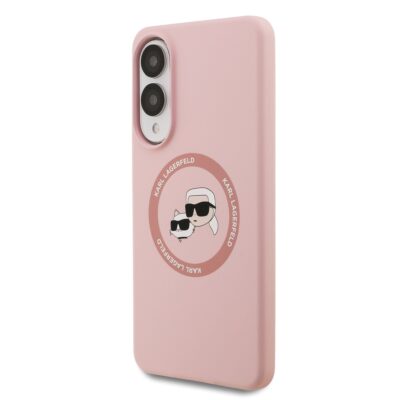 Rausvas Karl Lagerfeld Liquid Silicone Double Heads MagSafe telefono dėklas Samsung Galaxy S25 Edge su atspaudu