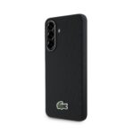 Juodas originalus dėklas Lacoste Iconic Petit Pique Woven Logo Magsafe telefonui Samsung Galaxy A56 su tekstūruota danga ir trim kamerų angomis