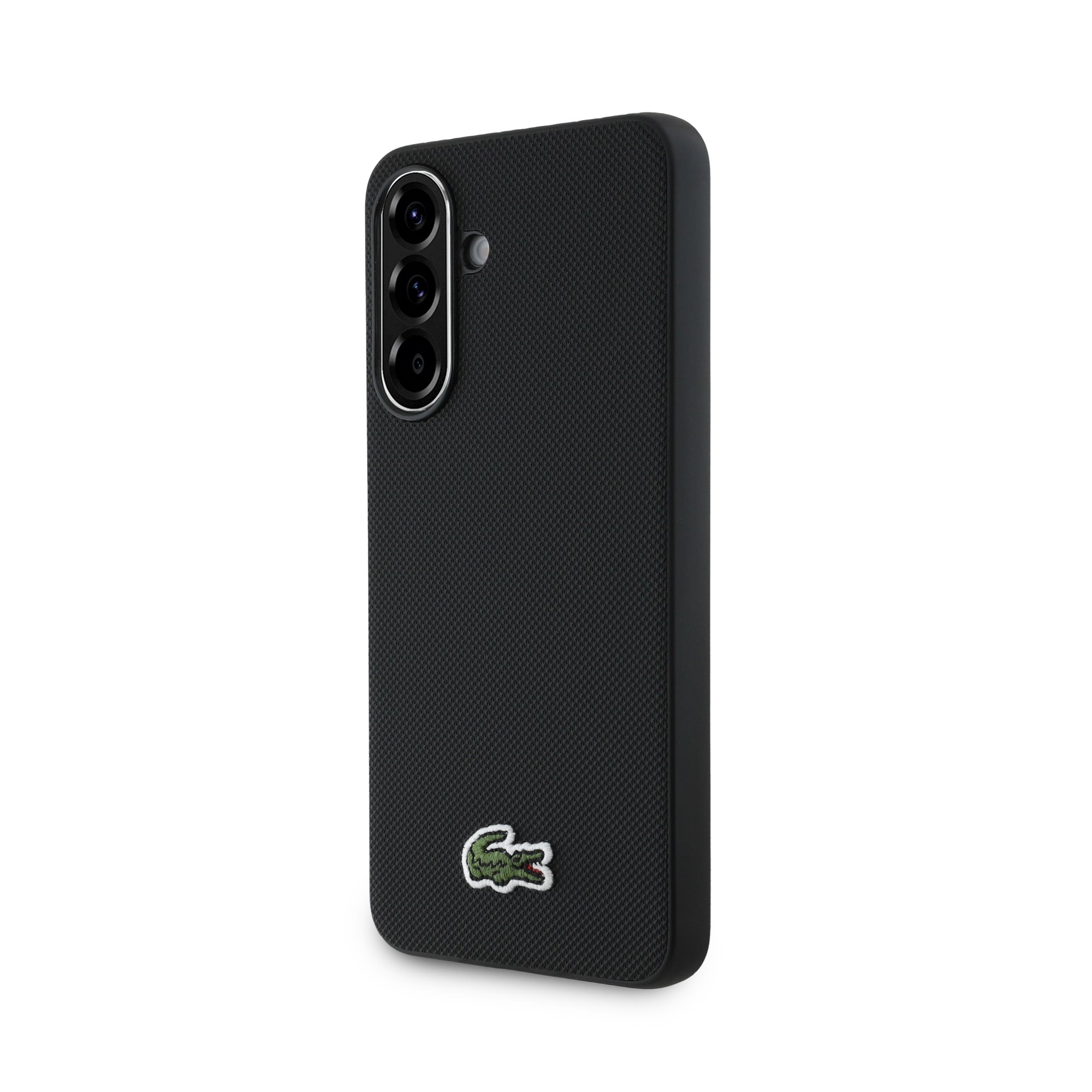 Juodas originalus dėklas Lacoste Iconic Petit Pique Woven Logo Magsafe Juodas originalus dėklas Lacoste Iconic Petit Pique Woven Logo Magsafe telefonui Samsung Galaxy A56 su tekstūruota danga ir trim kamerų angomis