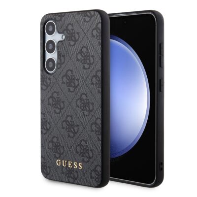 Juodas originalus dėklas Guess 4G telefonui Samsung Galaxy S24 su raštu ir auksiniu logotipu