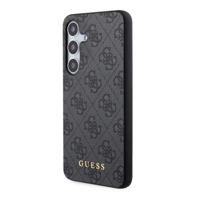 Juodas originalus dėklas Guess 4G telefonui Samsung Galaxy S24 su monograma ir auksiniu logotipu