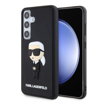 Juodas originalus dėklas Karl Lagerfeld 3D Rubber Ikonik telefonui Samsung Galaxy S24 su iškilusia Karl Lagerfeld figūra ir logotipu