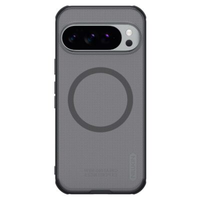 Skaidrus-juodas dėklas Nillkin Super Frosted PRO Magnetic telefonui Google Pixel 10 ir 10 Pro su matoma magnetine žiedine technologija ir kamera