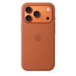 Oranžinis originalus dėklas MGFJ4ZM/A Silicone Cover Magsafe telefonui Apple iPhone 17 Pro ant telefono nugarėlės