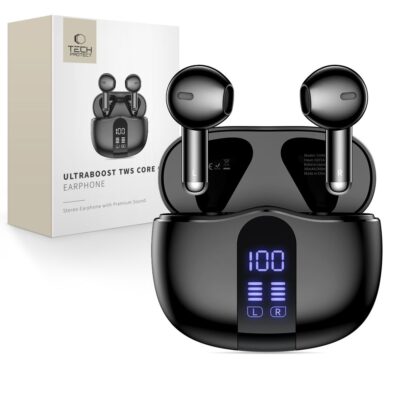 Juodos belaidės ausinės TECH-PROTECT ULTRABOOST TWS EARPHONE CORE G2 su įkrovimo dėklu ir baterijos indikatoriumi