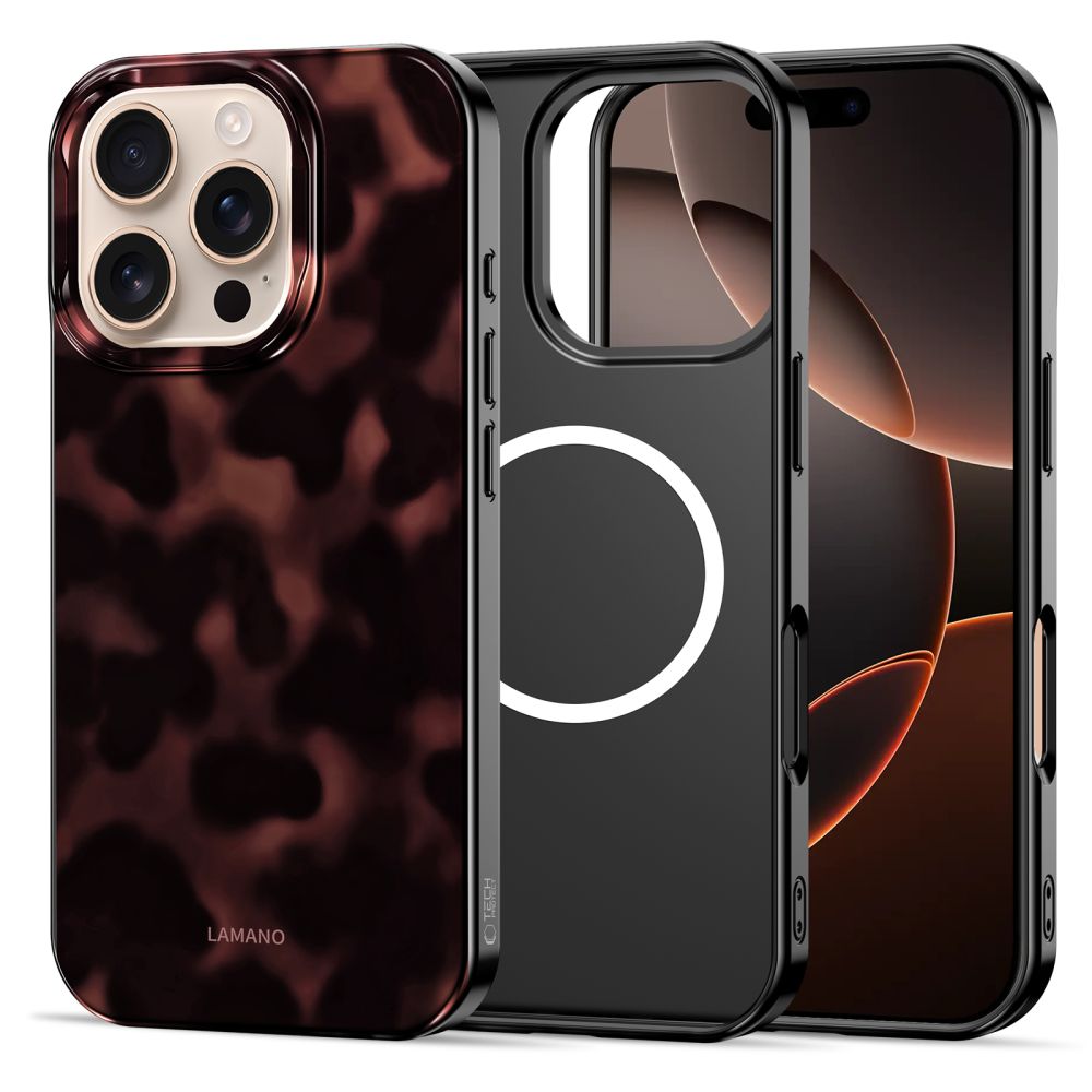 Panther dėklas Apple Iphone 16 Pro Tech-Protect Lamano Magsafe Panther dėklas Apple Iphone 16 Pro Tech-Protect Lamano Magsafe tamsiai rudas su tamsiomis dėmėmis, apvalus baltas žymėjimas