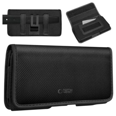 Juodas universalus telefono dėklas TECH-PROTECT SM90 UNIVERSAL PHONE HOLSTER POUCH 5.8-6.8 INCH su tekstūruotu paviršiumi ir diržo laikikliu