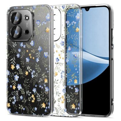 Skaidrus gėlių dėklas Xiaomi Redmi 15C su mėlynais ir geltonais žiedais