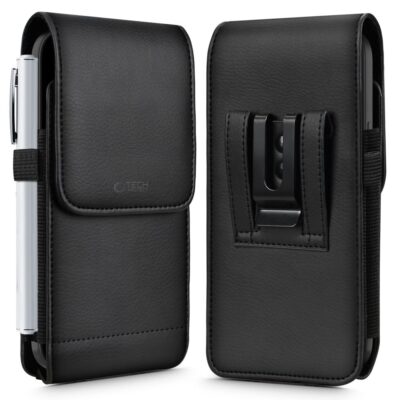 Juodas universalus telefono dėklas TECH-PROTECT SM75 universal phone holster pouch 5.8-6.8 inch su užsegimu ir diržo sagtimi