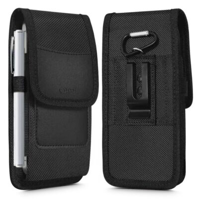 Juodas universalus telefono dėklas TECH-PROTECT SM85 universal phone holster pouch 5.8-6.8 inch pagamintas iš tekstūruotos medžiagos su užsegamu skyrimu