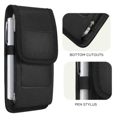 Juodas universalus telefono dėklas TECH-PROTECT SM85 universal phone holster pouch 5.8-6.8 inch su rašiklio laikikliu.
