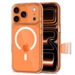 Skaidrus deklas Apple Iphone 17 Pro Max Tech-Protect Magpeak Magsafe CC su oranžiniu pagrindu ir magnetinės įkrovos žyme